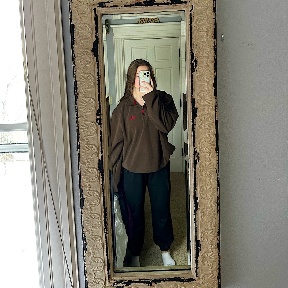 gap brown fleece with red logo, zipper, and drawstring at waist